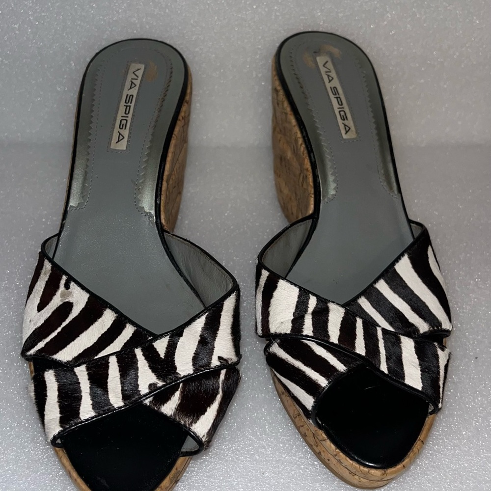 Via Spiga Black and White Zebra Women's Wedge Sandals